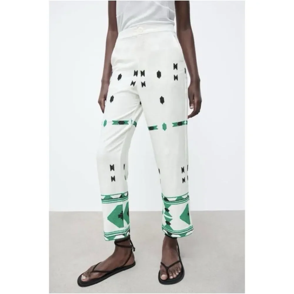Zara women's geometric embroidered linen blend pants Size XXL fits like women XL